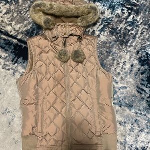 Ann Taylor Loft Gold Puffy Vest with Faux Fur Detachable Hood